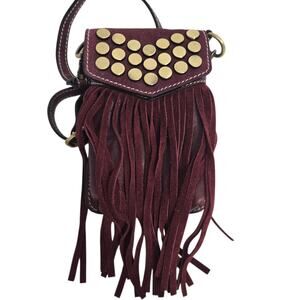 Firenze Bella Fringe Leather Bag Red Studded Crossbody Pouch Adjustable Small